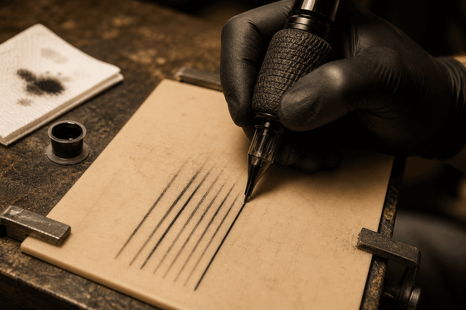 Hand practising line work on a printed drill sheet