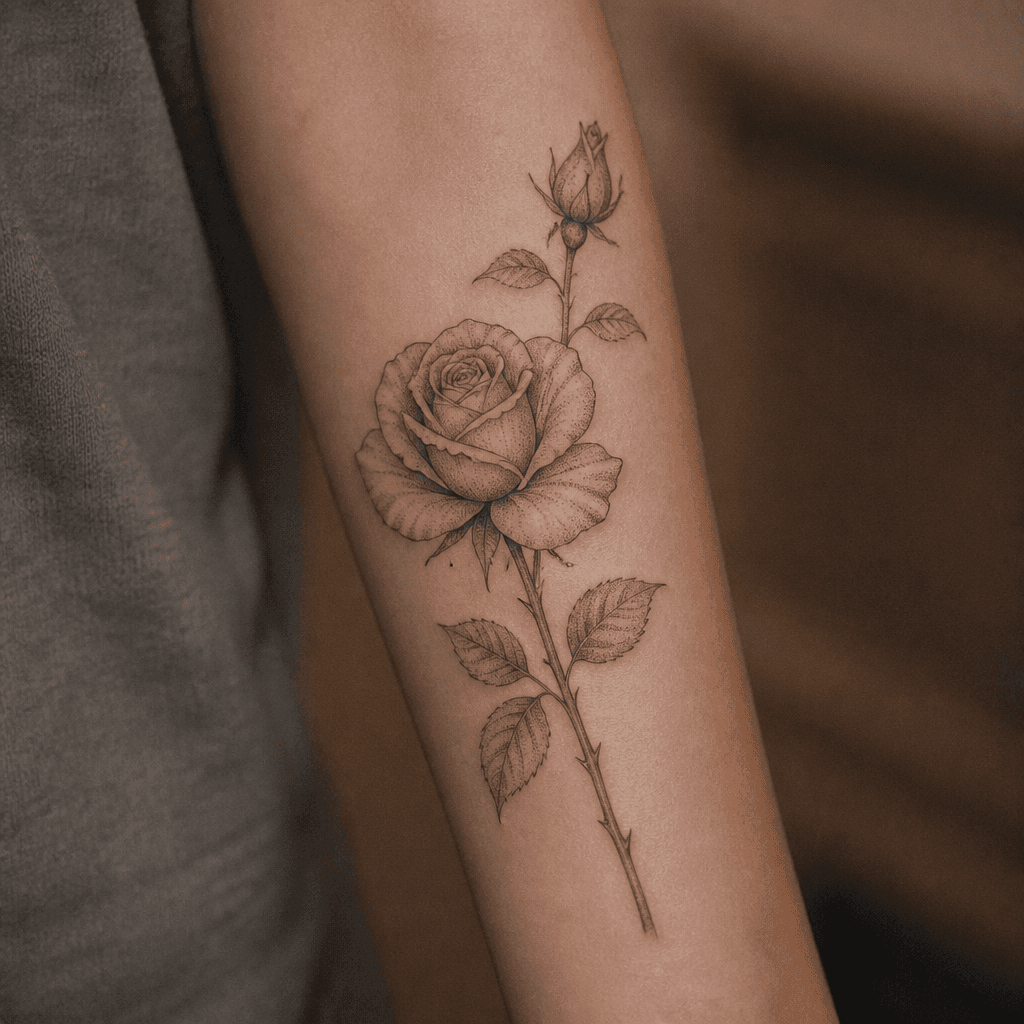 Fine-line black and grey rose tattoo